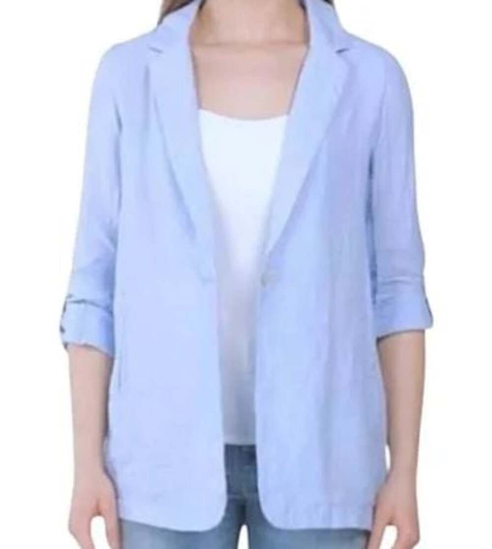 H by Halston Women's Light Blue 100% Linen Single-Button Blazer Jacket